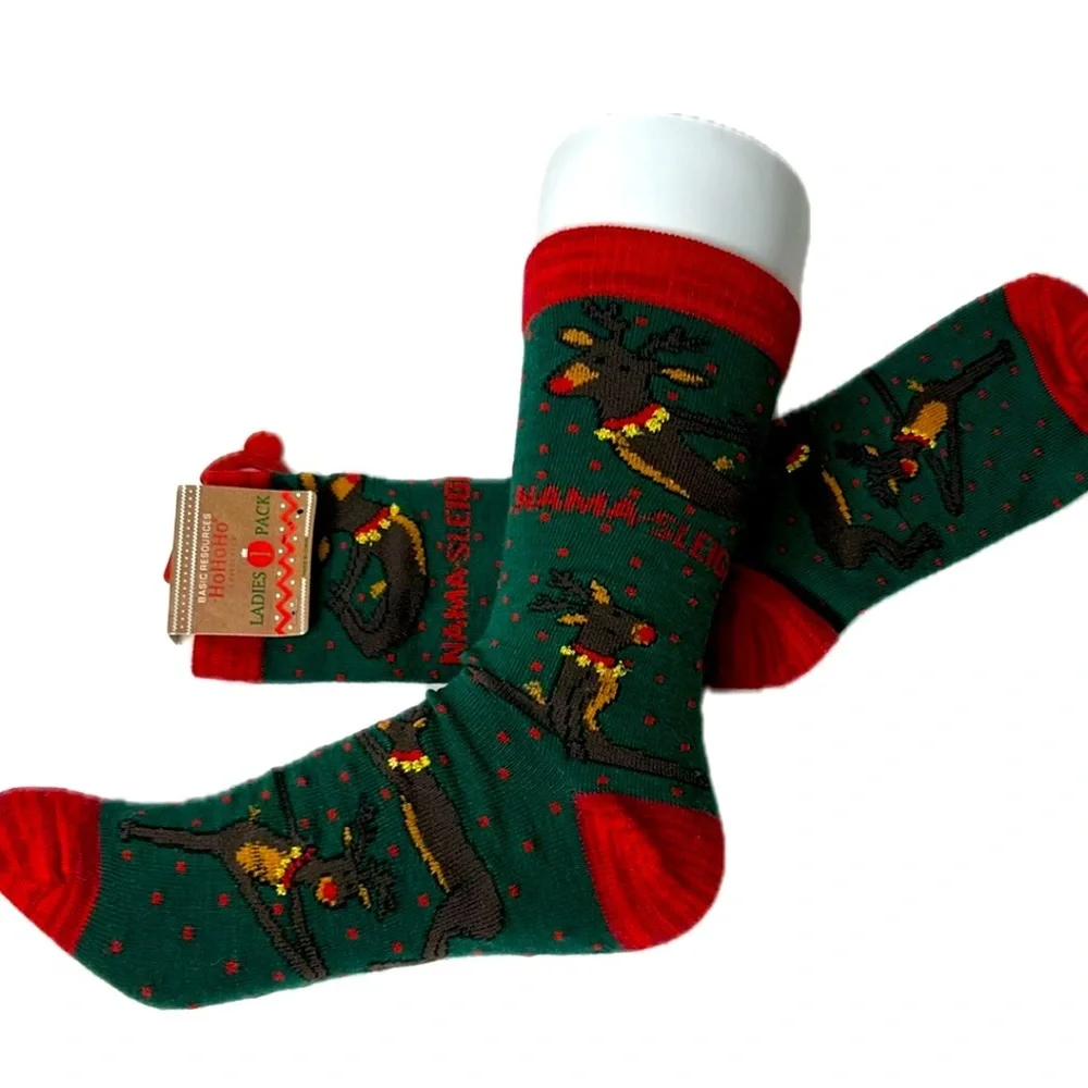 YOGA Reindeer NAMA-SLEIGH Holiday Christmas‎ Crew Funny Socks Women’s NWT